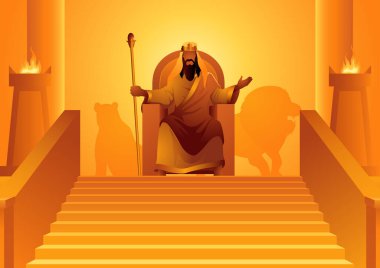 İncil 'de geçen vektör illüstrasyon serisi, tahtta Kral Süleyman oturuyor.