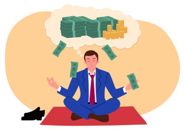 Bir işadamının klip sanatı para kazanmak ve vektör çizimi için zihnini kanalize etmek amacıyla ofisinde yoga yapar. 