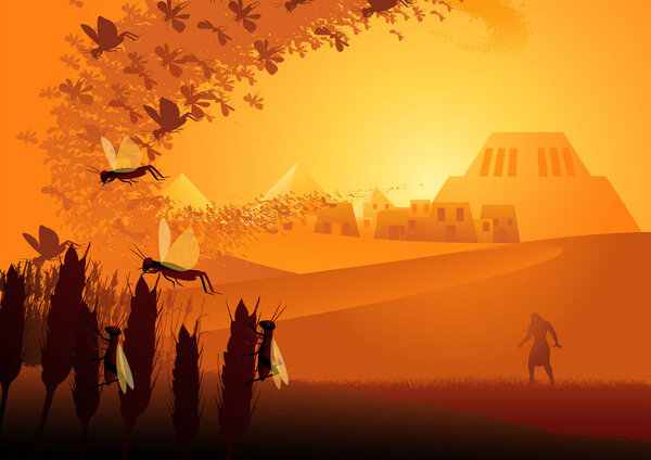 Biblical vector illustration series, the ten plagues of Egypt, eighth plague, plague of locust