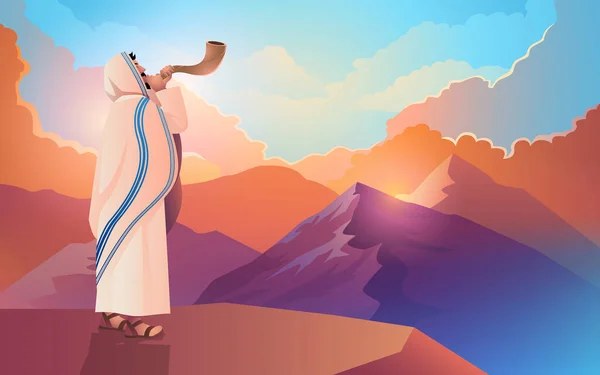 图为一个犹太人在美丽的高山和云彩背景下吹响Shofar Ram号角的矢量作品 为Rosh Hashanah和Yom Kippur日的矢量插图 — 图库矢量图片
