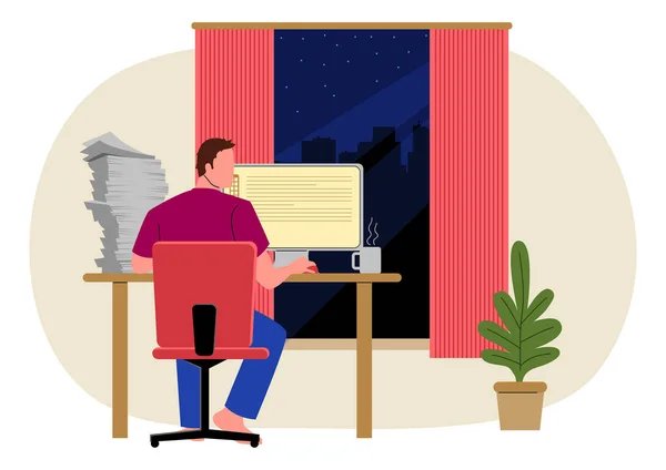 夜に彼の机で彼のアパートで遅く働いている男のクリップアート ベクトルイラスト — ストックベクタ