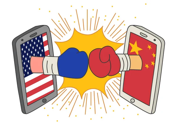 Naivní Umění Nebo Kreslené Zobrazení Konfrontace Mezi Spojenými Státy Čínou — Stockový vektor