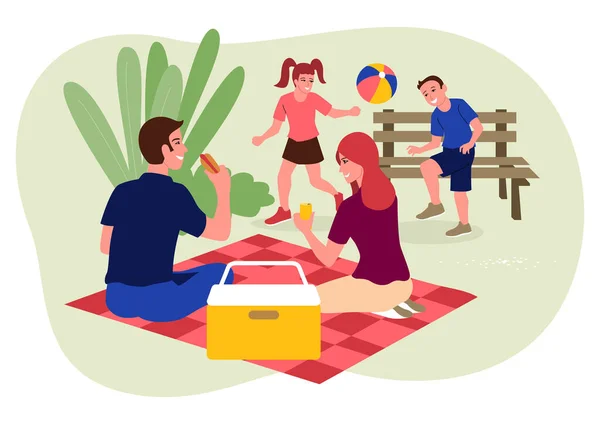 Piknikteki Mutlu Aile Klip Sanatı Basit Düz Vektör Çizimi — Stok Vektör