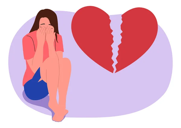 Clip Art Sad Woman Sitting Floor Broken Heart Vector Illustration — Stock Vector