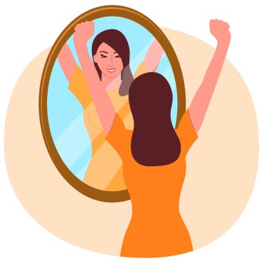 Clip art of a happy young woman looking in the mirror, self love, manifestation, confident concept, vector illustration clipart