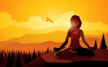 Dağ zirvesinde yoga yapan bir kadının silüeti, vektör illüstrasyonu