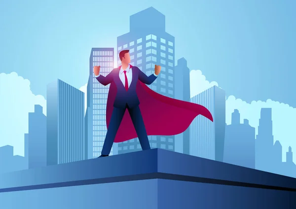 建物の上に立っているスーパーヒーローとしてのビジネスマン 障害を征服 ベクトルイラスト — ストックベクタ