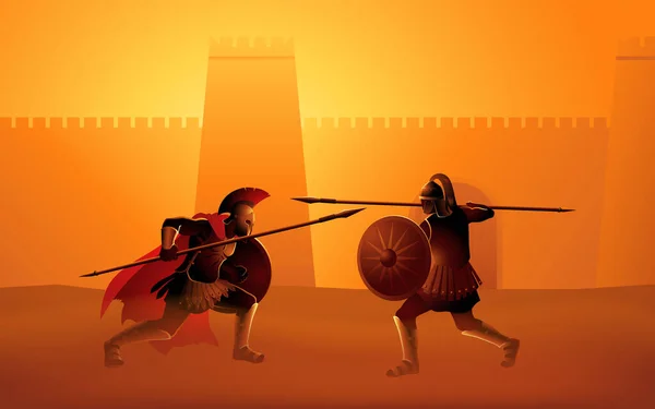 Epic Battle Achilles Hector Atestigua Legendario Duelo Frente Poderosa Fortaleza — Archivo Imágenes Vectoriales