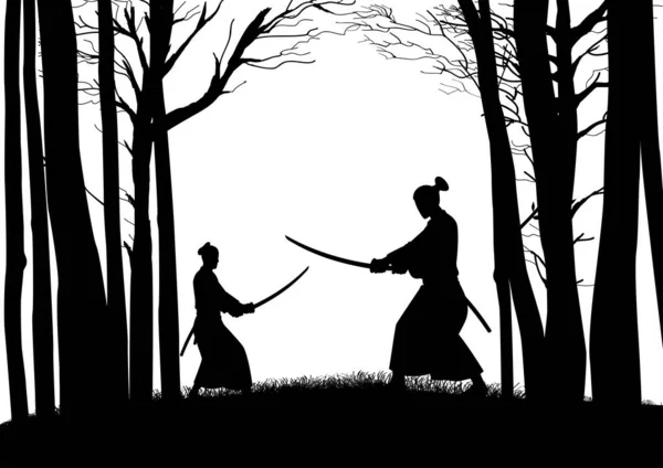 Sylwetka Dwóch Samurajów Pojedynkujących Się Lesie Ilustracja Wektora — Wektor stockowy
