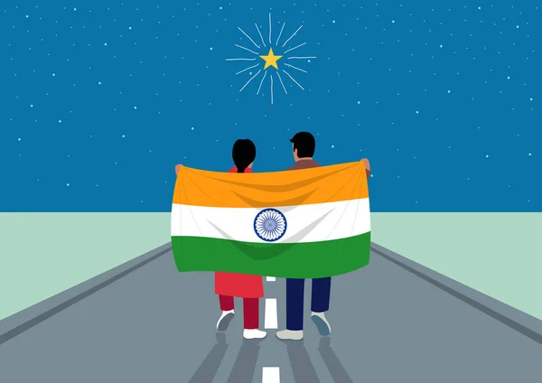 Oğlan Kız Hindistan Bayrağını Tutarken Yıldızlara Ulaşmak Için Yolda Yürürken — Stok Vektör