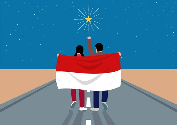 소년과 소녀는 낙관론 야망을 환영하기위한 도달하기 인도네시아의 깃발을 — 스톡 벡터