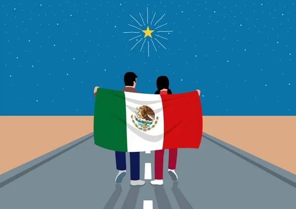 Junge Und Mädchen Mit Der Mexikanischen Flagge Auf Dem Weg — Stockvektor