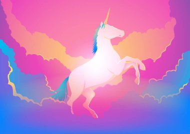 Canlı pembe ve mor bulutların arasındaki beyaz tek boynuzlu at fantezi meraklıları, peri masalı temaları ve rüya gibi tasarımlar için mükemmeldir.
