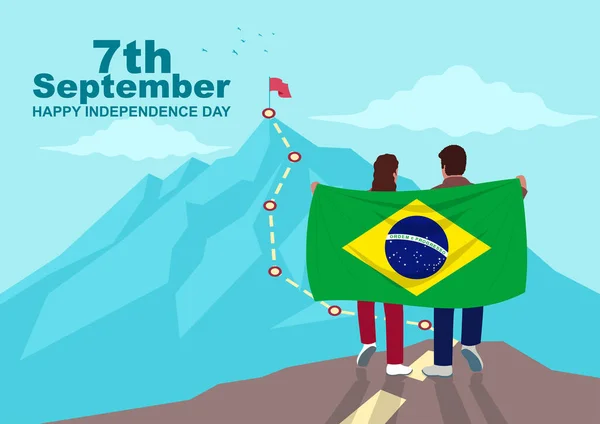 Fiú Lány Egy Brazil Zászlót Cipelnek Egy Sziklán Felnéznek Hegytetőre — Stock Vector