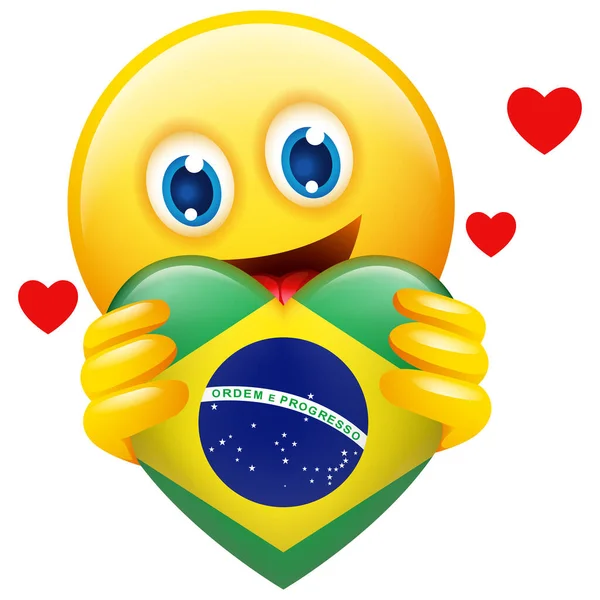 Vector Illustration Emoticon Holding Heart Symbol Brazil Insignia Isolated White — Stock Vector