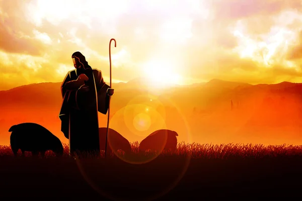 Duchovní Klid Ježíš Pastýř Ladně Splývá Majestátním Východem Slunce Této — Stock fotografie