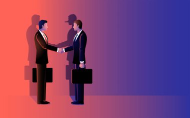 Shadow of a businessman with a long nose engages in a handshake with another businessman. Portrayal of deceptive deals, hidden agendas, business ethics, trust, and the complexities of perception clipart