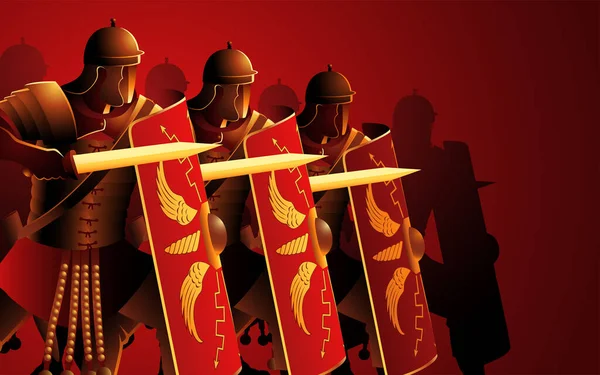 Шаг Историю Этим Образом Демонстрируя Древние Римские Легионеры Боевой Позиции — стоковый вектор
