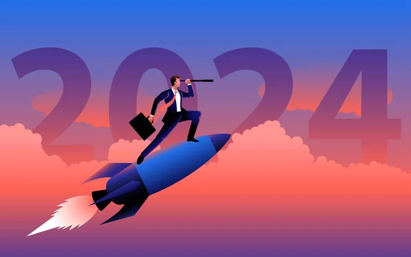 Businessman Rocket Using Telescope Backdrop 2024 Embarking Journey Vision Ambition — Stock Vector