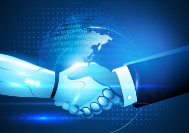 İş adamı ve robot tokalaşıyor. İnsan uzmanlığının ve teknolojik gelişimin kesiştiği yer. Çeşitli endüstrilerdeki yapay zeka ve insan yaratıcılığı arasındaki dinamik ilişki