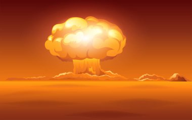 Nükleer bomba tasvir eden vektör çizimi. Çatışma temaları, teknolojik güç, modern jeopolitik, küresel güvenlik ve gelişmiş silahların sonuçları