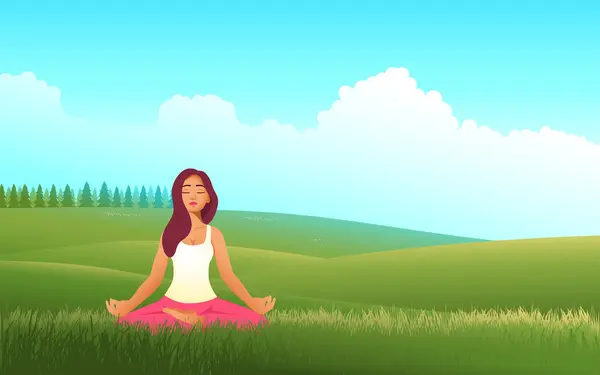 Serene Harmony Illustration Featuring Beautiful Woman Doing Yoga Amidst Vast — Stock Vector
