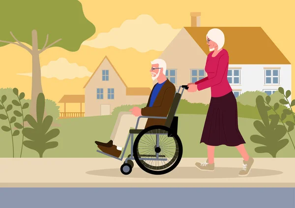 Ilustruje Starszą Kobietę Pchającą Męża Wózku Scena Miłości Wsparcia Towarzystwa — Wektor stockowy