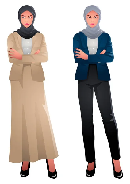 Belle Femme Affaires Musulmane Dans Mode Hijab Élégant Dans Deux — Image vectorielle