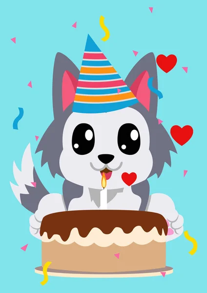 誕生日の帽子をかぶって誕生日ケーキの前に座って愛らしい漫画のハスキーな犬をフィーチャーしたこの楽しいフラットベクターイラストで誕生日を祝います — ストックベクタ