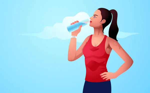 Εικονογράφηση Μιας Ελκυστικής Νεαρής Γυναίκας Που Πίνει Νερό Μετά Από — Διανυσματικό Αρχείο
