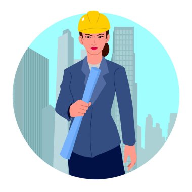 Kadın mimar, mimari yapıların arkaplanına karşı bir plan tutuyor. Bu görüntü inşaat firmaları, mimari sunumlar ve gayrimenkul tanıtımları için mükemmel.