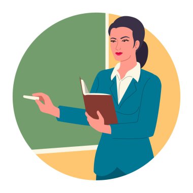 Tahtada tebeşir ve yazı tutan bir kadın öğretmenin klasik görüntüsü, öğretim ve bilgi paylaşımının özünü somutlaştırıyor, okulla ilgili içerik ve okula dönüş terfileri için.