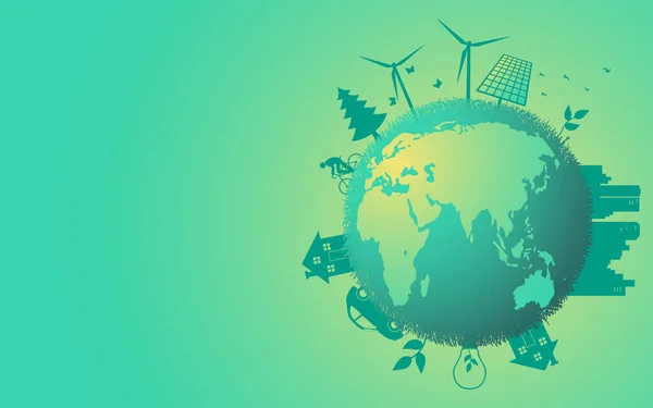 Zrównoważone Życie Ekologiczną Ilustracją Przedstawiającą Zieloną Ziemię Otoczoną Symbolami Energii — Wektor stockowy