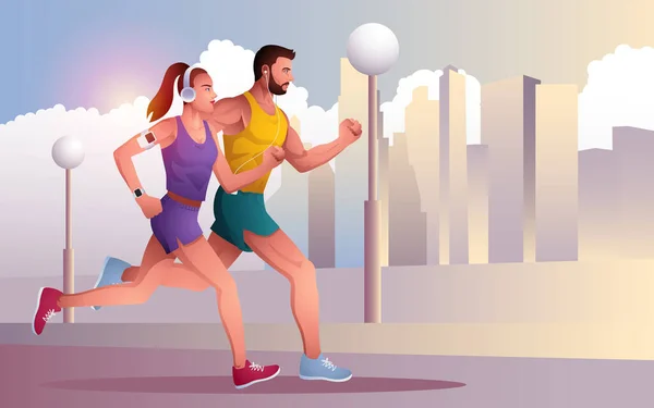 Jogging Couple Course Plein Air Avec Paysage Urbain Arrière Plan — Image vectorielle