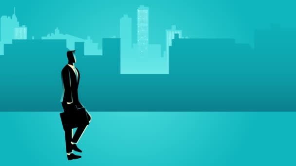 ビジネスマンのアニメーションは シティスケープの背景に設定されたブリーフケースで自信を持って歩いています このアニメーションは野心 都市プロフェッショナリズムのテーマを体現しています — ストック動画