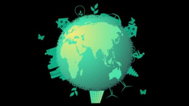 Yenilenebilir enerji sembolleri ve çevresel bilinçli tercihlerle çevrili yeşil bir dünyayı tasvir eden bu çevre dostu illüstrasyonla sürdürülebilir yaşam