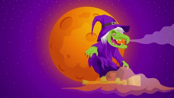 Rajzfilm Animáció Egy Csúnya Ijesztő Boszorkány Szárnyalt Éjszakai Égen Seprűjén — Stock videók