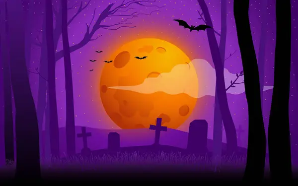 暗くて神秘的な森の深みにある墓地の紫色の漫画の背景 この雰囲気のイメージはハロウィーンをテーマにしたコンテンツ ホラーイラスト 不気味なストーリーテリングに最適です — ストックベクタ