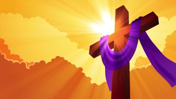 木の十字架の上に引っ張られた紫のサッシ この穏やかなアニメーションは 信仰と宗教のテーマを象徴し 宗教的なプレゼンテーション スピリチュアルなビデオ 教会関連資料に最適です — ストック動画