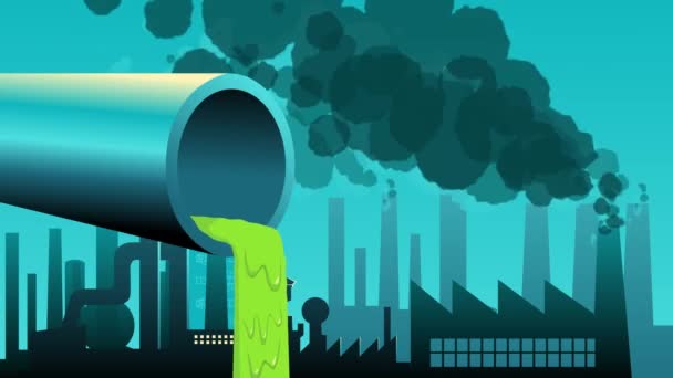 工場から緑色の液体を放出する廃棄物パイプを示すモーショングラフィックは 汚染と不適切な廃棄物処理の有害な影響 汚染問題に対処する緊急性を象徴しています — ストック動画