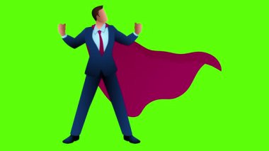 Yeşil ekran karşısında duran bir süper kahraman olarak iş adamı, başarı, kararlılık, engelleri aşmak, hareket grafikleri
