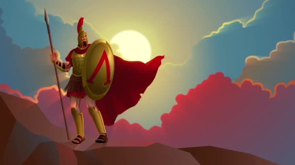 斯巴达战士带着盾牌和矛头勇敢地站在阳光下的动作图形 — 图库视频影像