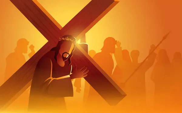 Jesús Cargando Cruz Mientras Gente Jerusalén Mofa Captura Momento Crucial — Archivo Imágenes Vectoriales
