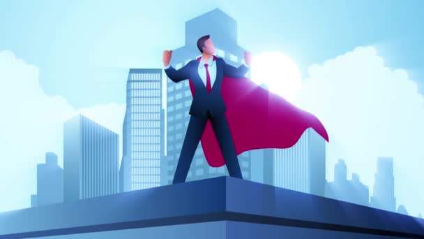 建物の上に立っているスーパーヒーローとしてのビジネスマン 障害を征服 モーショングラフィックス — ストック動画