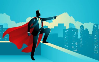 Süper kahraman bir iş adamının bir gökdelenin tepesinde şehrin ufkunu gösteren bir resmi. Liderlik teması, hırs ve kurumsal zaferle ilgili fikirleri aktarma teması