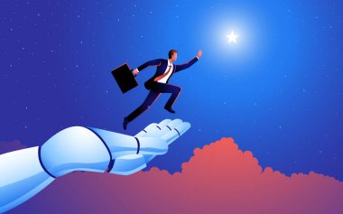 Vektör illüstrasyonunda, bir iş adamının yıldızları kavramasına yardımcı olan bir robot el yer alıyor. İş dünyasında yapay zeka yardımı, destek ve yardımın güçlü bir sembolü.