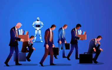 İnsan iş rollerini ele geçiren bir robot tarafından somutlaştırılmış yapay zeka tehdidini tasvir eden bir resim. Otomasyonun gelişmesi ve istihdam üzerindeki potansiyel etkisi