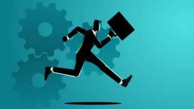 İşadamı evrak çantasıyla koşarken dişli çarklar arka planı oluşturur. Hızlı ve mekanize iş dünyasını simgeler, kurumsal dinamizm, yenilik ve başarı arayışı.