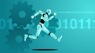 Dönen dişli çarkların ve ikili kodların arka planına kurulmuş robot, yapay zeka öğreniminin hızını ve insan sezgilerine ulaşma arayışını temsil ediyor.