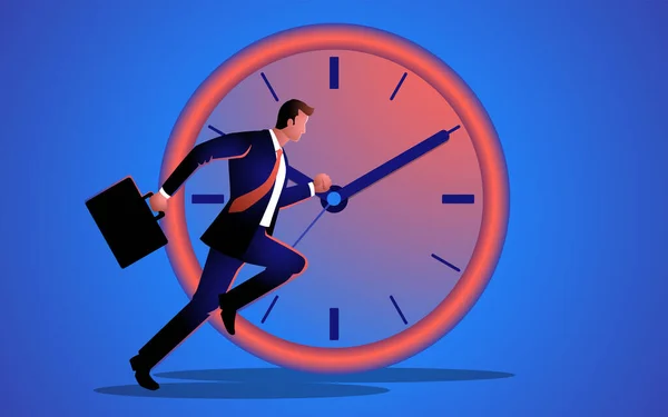 Biznesmen Biegnie Gigantycznym Zegarem Jako Tłem Symbolizuje Tematy Zarządzania Czasem — Wektor stockowy